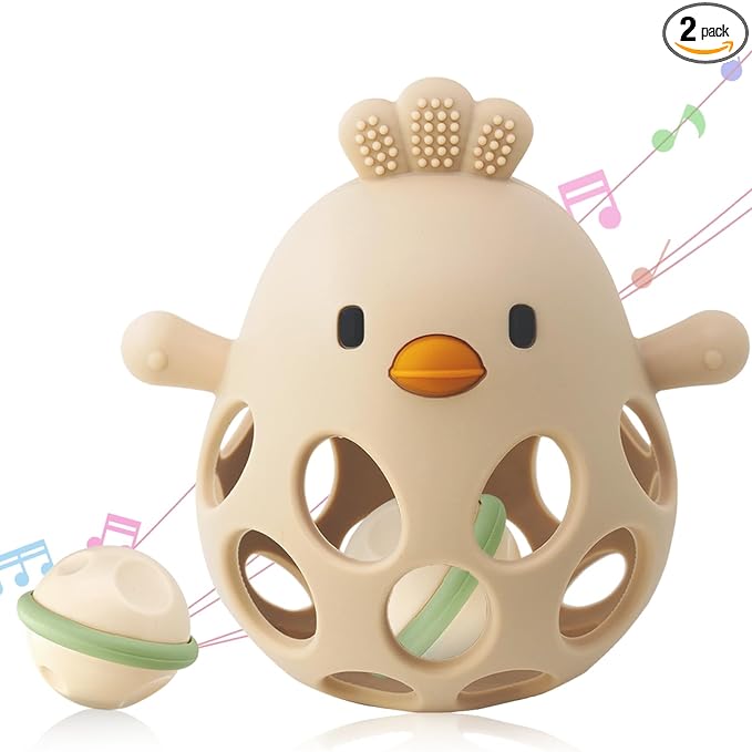 ChooKaChoo 2-in-1 Baby Teething Rattle Toy, Sensory Grasping Teether for Infants 3-12 Months, 100% Food-Grade Silicone, Easy to Hold, Soothing & Developmental, BPA Free