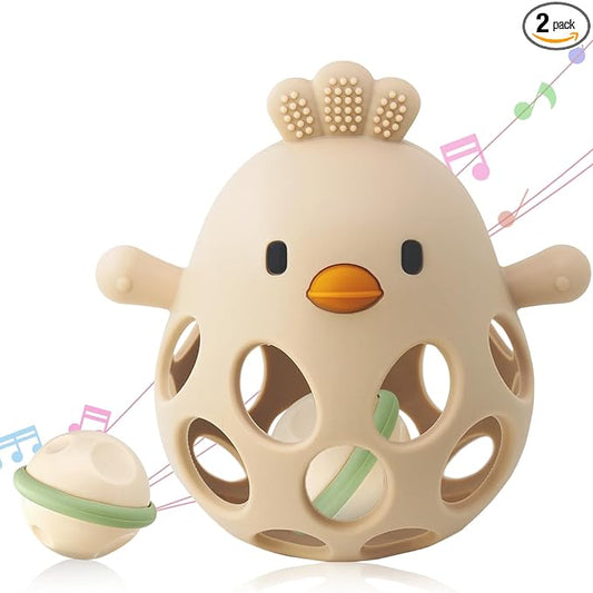 ChooKaChoo 2-in-1 Baby Teething Rattle Toy, Sensory Grasping Teether for Infants 3-12 Months, 100% Food-Grade Silicone, Easy to Hold, Soothing & Developmental, BPA Free