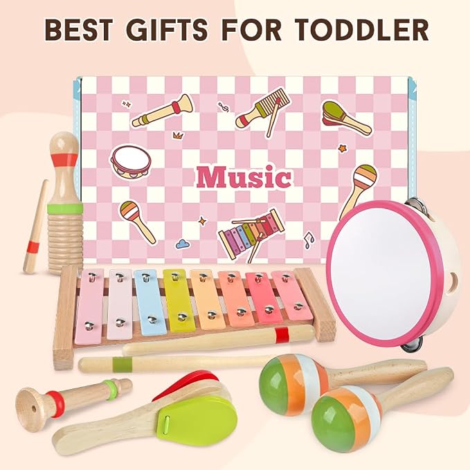 Baby Musical Instruments for Girls-Montessori Wooden Toys for Toddlers 1-3,Percussion Instruments Set with Xylophone Preschool Educational 3+ Christmas Birthday Gift for 1 2 3 Year Girl (Pink)