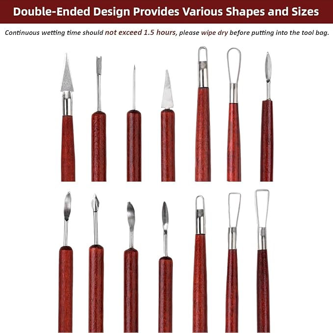 Y9A5N0K3O Clay Tools 19pcs, Sculpture Clay Carving Knife Soft, with Wooden Handles and Tool Bag, for Trimming, Embossing Pattern, Sculpting, Modeling, Shaping, for Adults and Kids