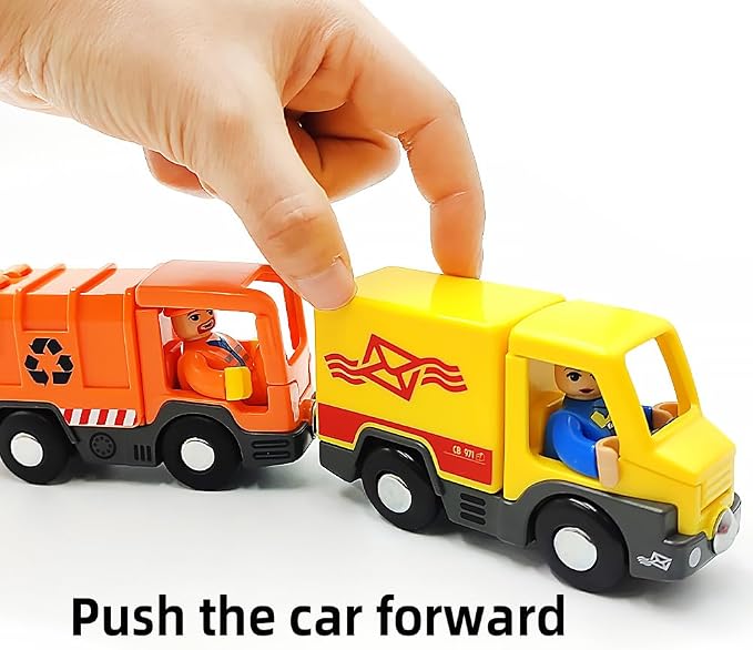 DSHMIXIA Garbage Mail Truck Small Toys Cars for 3 5 Year Old Boys Magnetic Couplings City Vehicle for Wood Train Set for Children Inside Outside Toys (City Set)