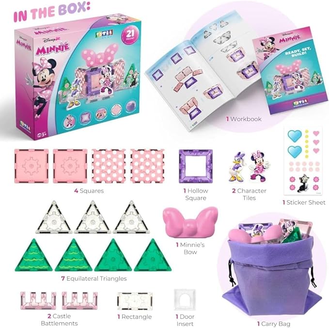 Tytan Official Disney Junior Minnie Mouse Magnetic Character Tile Set – 21-Piece STEAM Building Toy with Reusable Stickers & Instruction Manual – Educational Toy for Kids Ages 3+