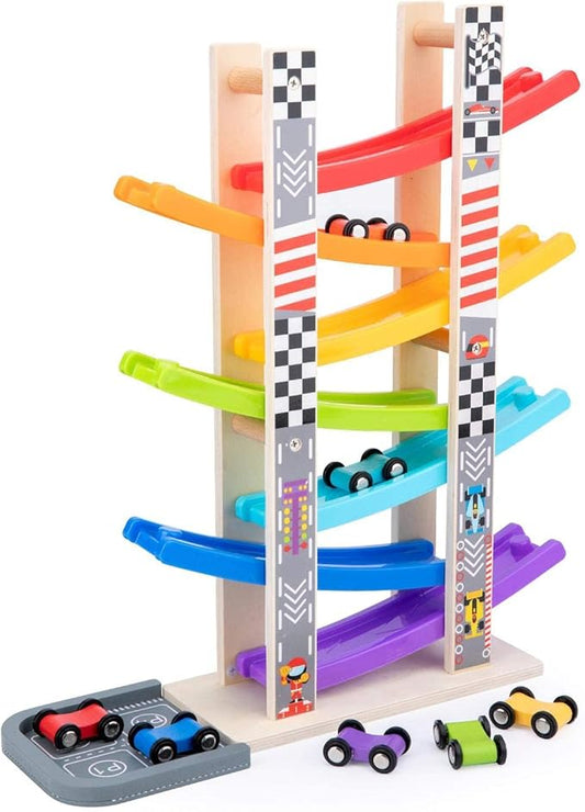 WOOD CITY Toddler Toys for 1 2 3 Years Old, Wooden Car Ramp Racer Toy Vehicle Set with 7 Mini Cars & Race Tracks, Montessori Toys Craft Gift for Toddlers Boys and Girls
