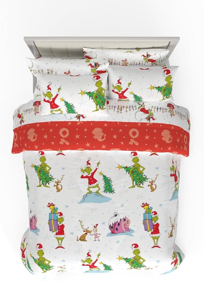Grinch By Dr. Seuss Holiday & Christmas Bedding Super Soft Comforter and Sheet Set with Sham, 7 Piece Queen Size (Official Dr. Seuss Product) By Franco