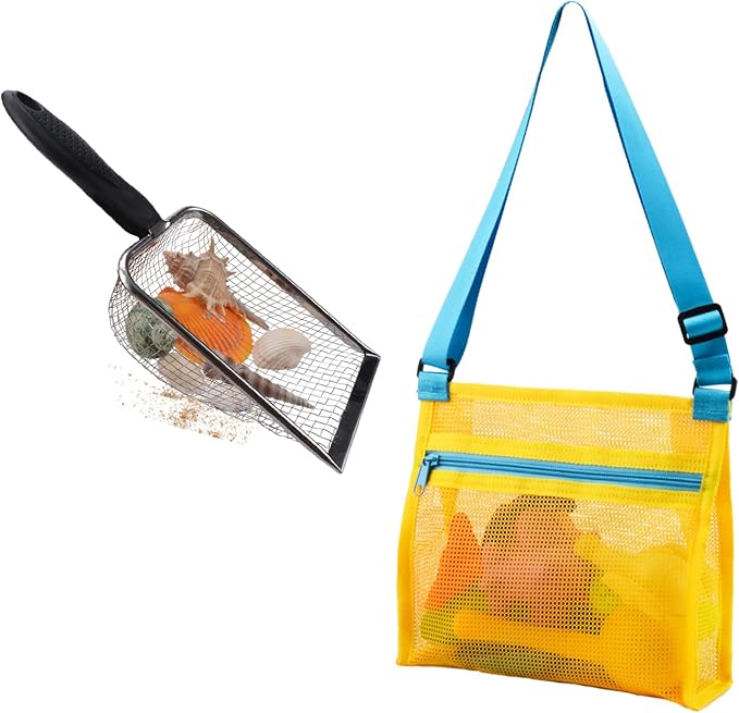 MUYIZI Beach Mesh Shovel with Mesh Shell Bags, Kids Filter Sand Scooper for Picking Up Shells,Shark Tooth Sifter Dipper for Boys and Girls,Beach Toys Accessories (Yellow)
