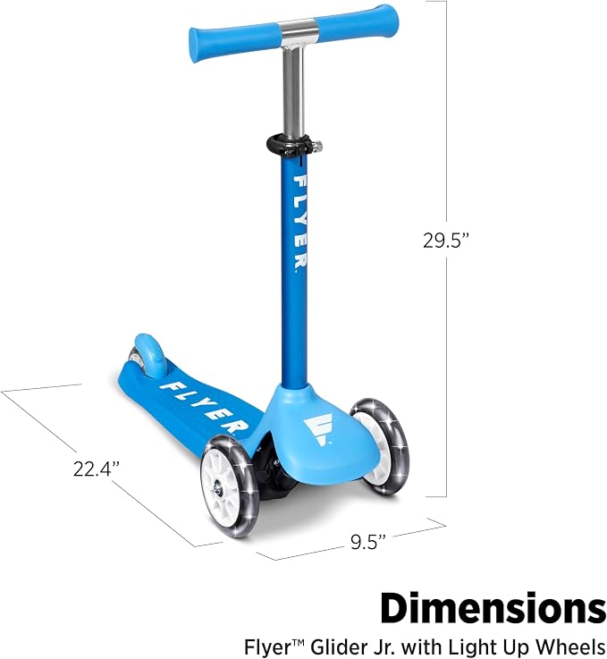 Radio Flyer Glider Jr. Scooter with Light Up Wheels, Blue, for Kids 2-5 Years Old, Lean-to-Steer, Adjustable Handlebar, Rear Foot Brake, Smooth Bearings, Comfort Grips, 3 Wheel Scooter for Kids