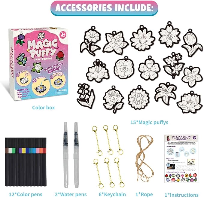 MZYTOZA Magic Foam Texture Painting Kit - 3D Art Craft Aqua Magic Puffs Paint Kit, 15 Mess-Free Paint by Number Craft for Kids (Flowers)