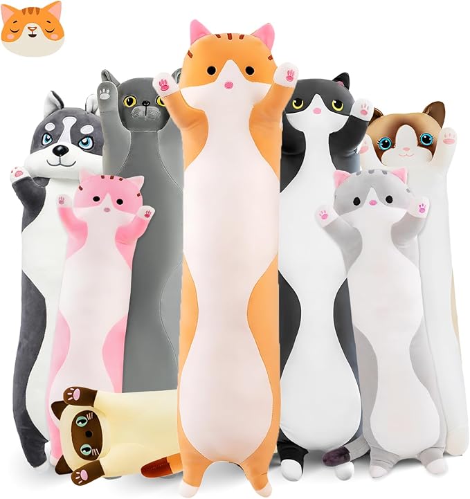 Long Cat Plush Pillow, 43.3in Cute Cat Plushie Stuffed Animals Body Pillow, Yellow Kawaii Kitten Soft Plushie Doll Toy Birthday Gift for Children Girlfriend