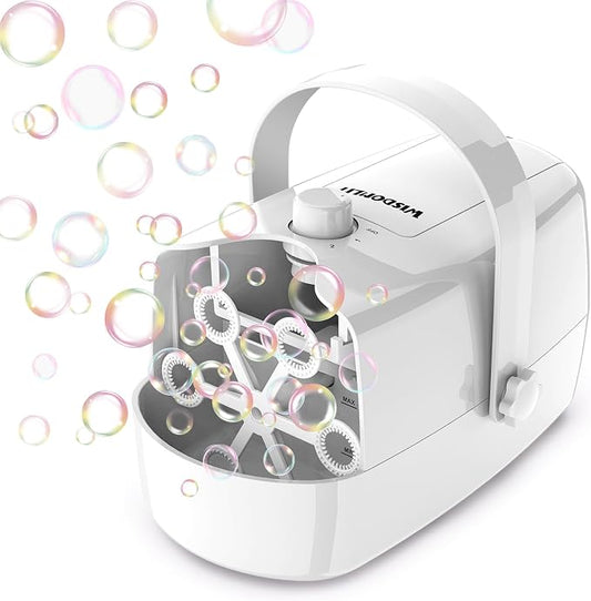 Wisdomlit Bubble Machine, 3-in-1 Bubble Maker, Bubble Blower with 3 Bubble Wheels, Make Small | Medium | Big Bubbles for Kids Toddlers, Bubble Toys for Indoor Outdoor Birthday Party (White)