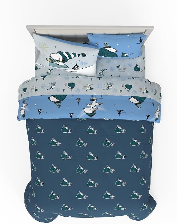 Collectibles Peanuts Snoopy Puffer Holiday & Christmas Bedding Super Soft Comforter and Sheet Set with Sham, 7 Piece Full Size (Officially Licensed Product) By Franco