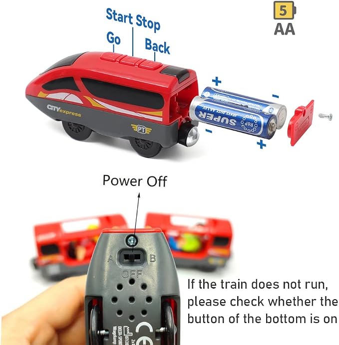 DSHMIXIA Battery Operated Trains for Wooden Train Track Set Locomotive with Light for Toddlers 3 4 5 Year Old Boys Red High Speed Magnetic Couplings with Passengers(Without Battery)