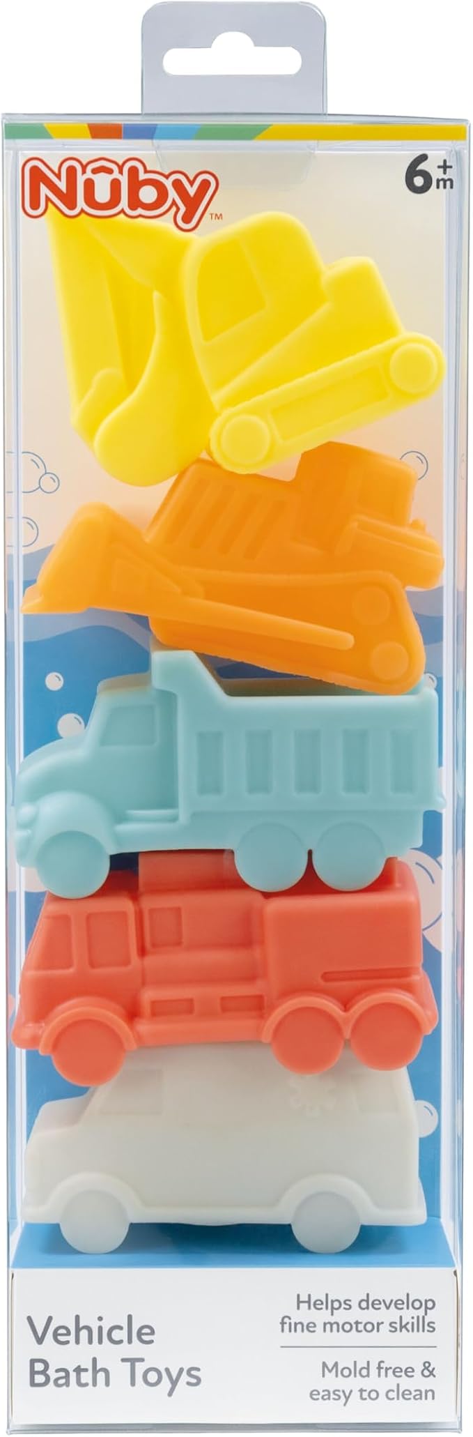Nuby Vehicle Bath Toys - 5-Pack - Soft, Stackable Toddler Bath Toys - No-Hole Design for Easy Cleaning - 6+ Months - Bulldozer, Excavator, Dump Truck, Ambulance, and Fire Truck