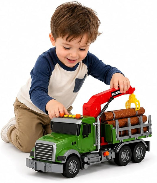 15" Green Crane Truck Toy,Logging Truck Tow Truck Toy,Construction Trucks for Boys Girls 3 4 5 6 7 8 Years Old,with Lights & Sounds,Holiday and Birthday Gift