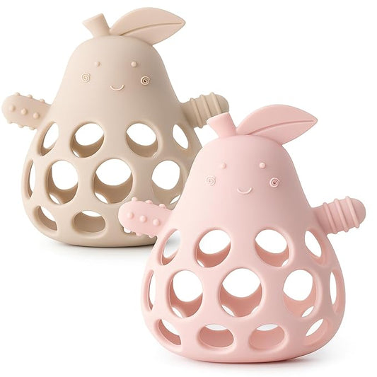 Baby Teething Toy Silicone Teether for Infants, Pear-Shaped Design with Easy-Grip Hole and Nipple-Shaped Ends for Gum Massage & Sensory Development, BPA-Free Safe Baby Chew Toy YIVEKO-Ivory+Blush