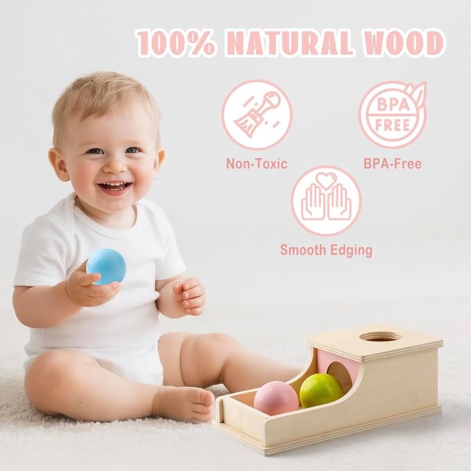 Busy edition Montessori Toys for 1 Year Old, Wooden Object Permanence Box with Tray Three Balls, Preschool Infant Toys 6-12 Months Developmental, 9 Month Old Baby Toys, Cause and Effect Ball Drop Toy