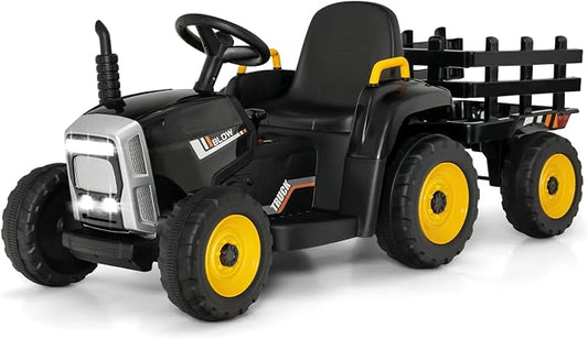 HONEY JOY Ride On Tractor with Trailer, 12V Electric Vehicle for Kids, 3-Gear-Shift Ground Loader, LED Lights, Horn, Music, Battery Powered Ride On Car with Remote Control, Gift for Boys Girls(Black)