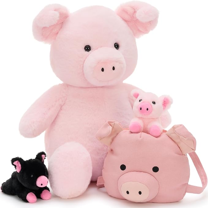 Pig Plush Toy Set, 21" Large Mother Pig Stuffed Animal with 2 Baby Pigs and Removable Backpack, Soft Farm Animal Plushies for Kids, Birthday