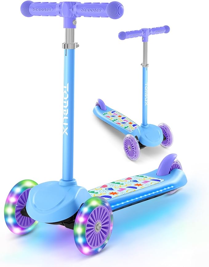 TONBUX Kids Scooter for Ages 3-5, Toddler Scooter with Light-Up Deck and Wheels, Adjustable 4-Level Height 3-Wheel Scooters for Kids, Lean-to-Steer Design