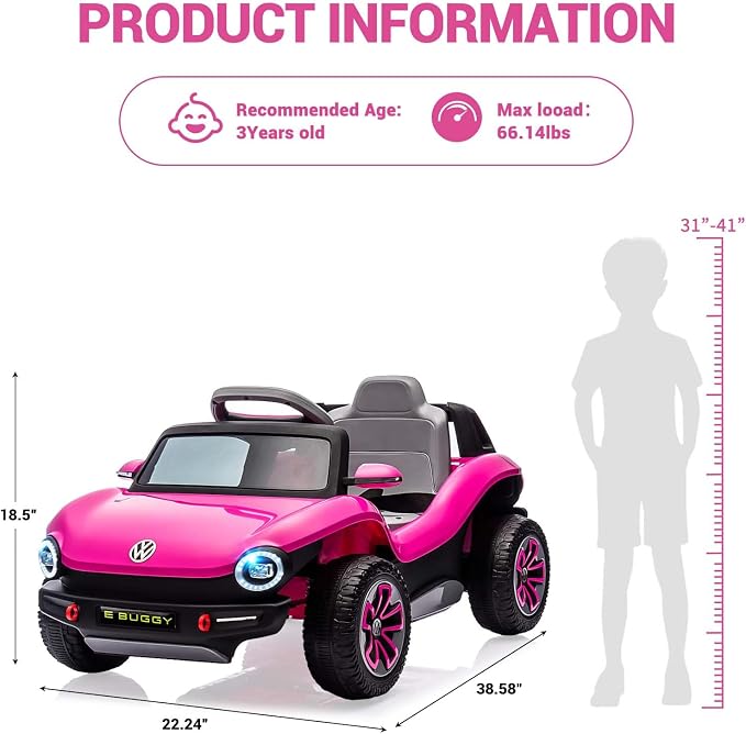 GarveeLife 12V Kids Ride On Car Licensed Volkswagen Beetle Electric Ride On Toy for Toddlers 4 Wheeler Vehicle with Parental Remote, Battery Level Display, LED Lights, USB, Horn, Music, Pink