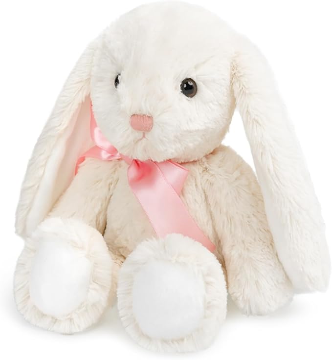 Cream Rabbit Plush Toy Pink Ribbon Bow Floppy Ears Stuffed Animal Easter Basket Stuffers Gifts for Baby Shower Newborn Infant Valentines Day Girlfriend Wife Wedding Love Beige 8 Inch 6.7 oz