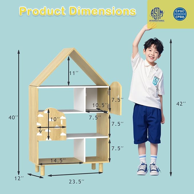Costzon Kids Dollhouse Bookshelf w/ 2 Doors, Wooden Toy Storage Organizer w/Anti-toppling Devices & Solid Wood Legs, House-Shaped Toddler Bookshelf for Kids Room, Playroom, Nursery, Bedroom, Natural