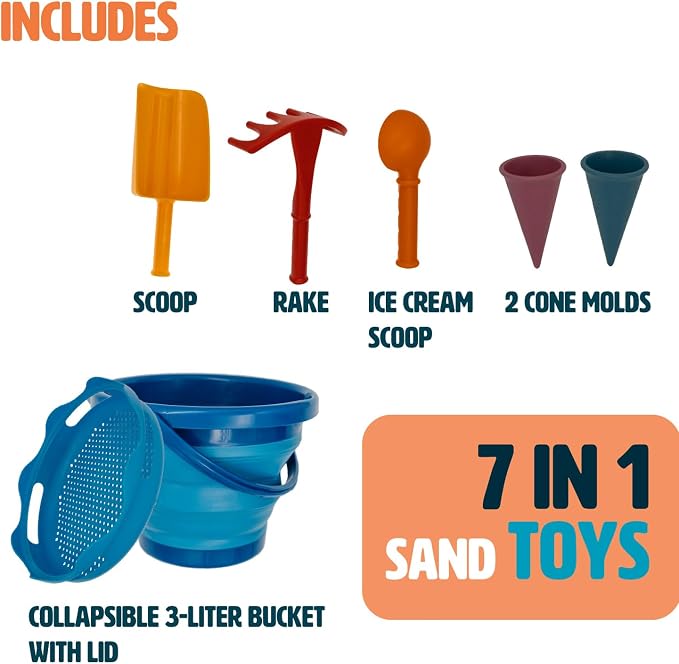 7-in-1 Compact Beach Toy Set – Space-Saving Sand Toy Play Kit for Kids-Blue