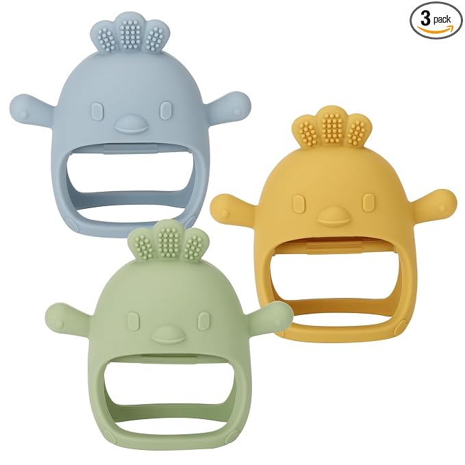 Socub 3 Pack Silicone Baby Teether Toys for Infants 3+ Months, BPA Free Anti-Drop Silicone Mitten Teething Toy for Soothing Sore Gums, Baby Chew Toys for Sucking Needs, Olive,Dusty Blue,Mango