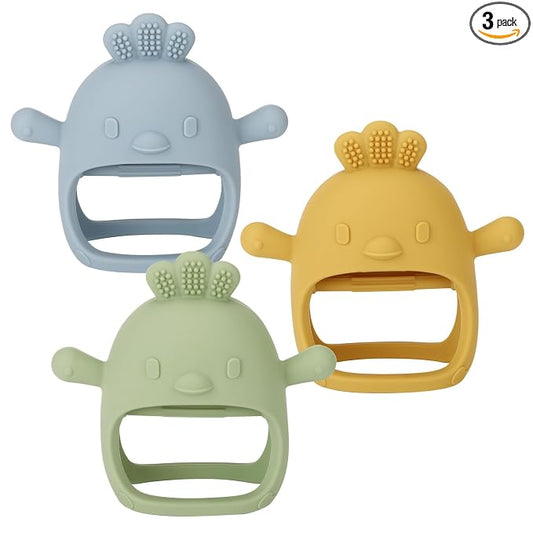 Socub 3 Pack Silicone Baby Teether Toys for Infants 3+ Months, BPA Free Anti-Drop Silicone Mitten Teething Toy for Soothing Sore Gums, Baby Chew Toys for Sucking Needs, Olive,Dusty Blue,Mango