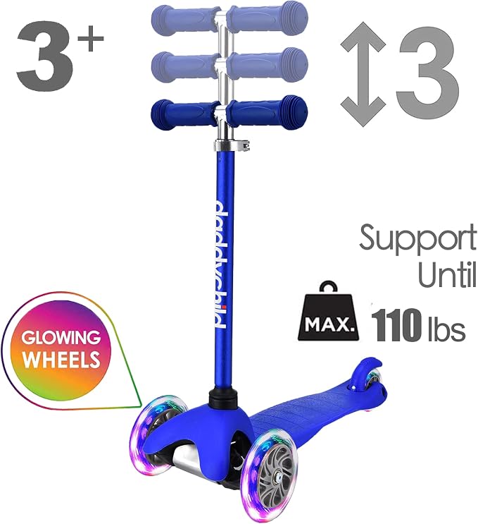 3-Wheel Kick Scooter for Kids Ages 3-8 Lean-to-Steer Toddler Scooter with Extra Wide Light Up Wheels, 4 Adjustable Heights, Foldable Scooters for Boys & Girls, Max Weight 110lbs