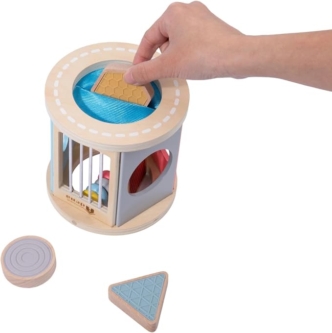 Montessori Toys for 1 Year Old, Wooden Rolling Shape Sorter‒4 Pcs Silicone Sensory Blocks, Developmental Learning Toy for Baby 12 Months, Color Sorting Activity for Toddlers Boys & Girls