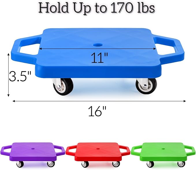 AVLA 4 Pack Sports Scooter Board with Handles, Plastic Casters Floor Scooters for Kids, Indoor Sitting Scooter with Rollers, Physical Education for Home, Homeschool Supplies