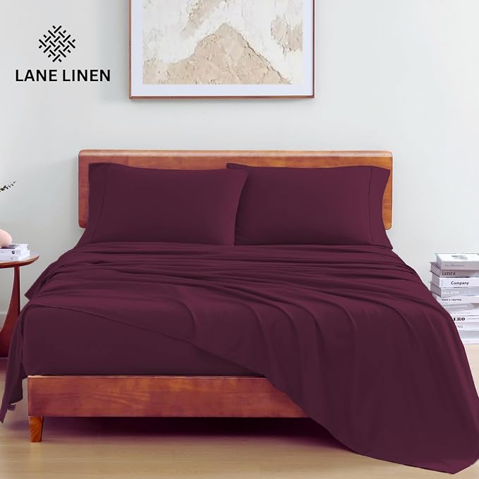 LANE LINEN King Sheets 100% Organic Cotton 4pc Percale Soft - Windsor Wine | King Sheet Set, Pure Long-Staple Organic Cotton - For Master Bedrooms, Naturally Cooling & Lightweight, Great For Gifting