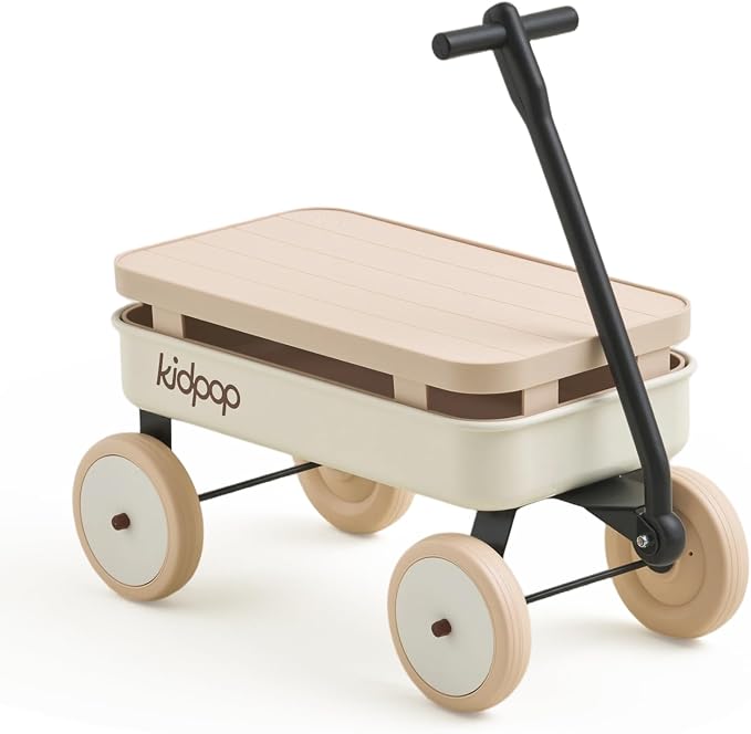 Kidpop Kids First Pull-Along Wagon with Removable Cover and Basket for Storage, 4-in-1 Push Pull Toy Cart for Toddlers, Lightweight (5.5 lbs), 1st Birthday Gift (White)