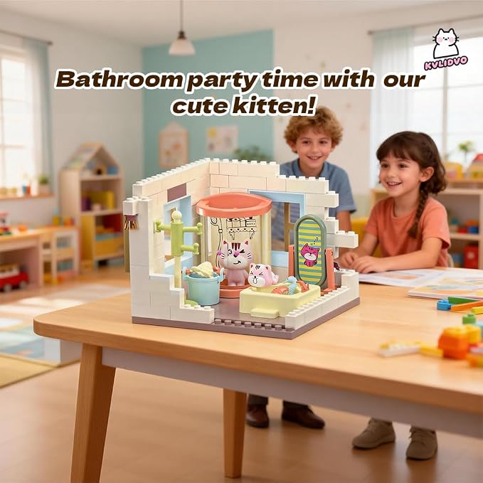 Koko's Cat Town DIY Miniature House Kit, Tiny White House Series Bathroom Building Kit, Dollhouse with 254PCS, Cat Toys Gift for Girls Boys Teens Kids Ages 3+