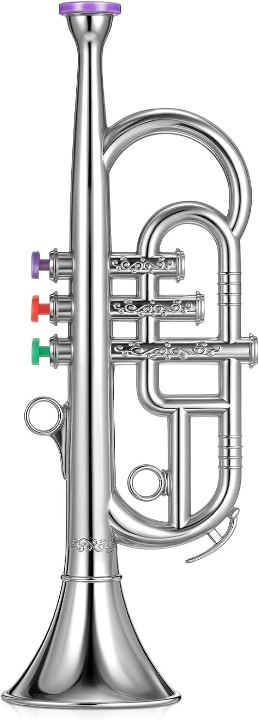 Lewtemi Silver Three-Valve Trumpet Musical Instruments Toy for Kid Toddler Fake Plastic Preschool Music Toy Gift Portable Wind Instrument Early Educational Teaching Songs Gifts for Toddlers Children