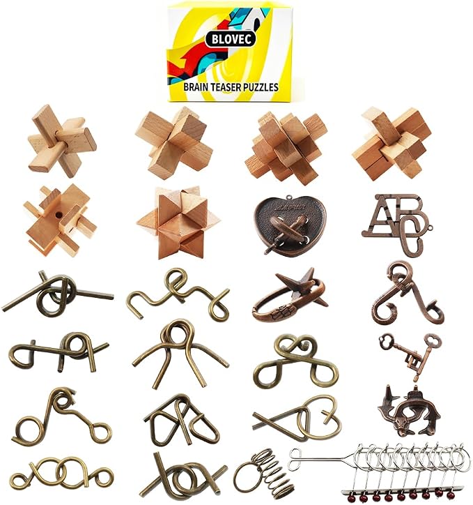 24PCS Brain Teaser Puzzles for Adults, Mind Puzzle Ancient Wooden and Metal Puzzles 3D Unlock Interlock IQ Puzzle Box Game for Adults