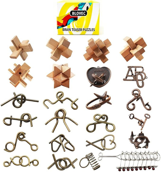 24PCS Brain Teaser Puzzles for Adults, Mind Puzzle Ancient Wooden and Metal Puzzles 3D Unlock Interlock IQ Puzzle Box Game for Adults