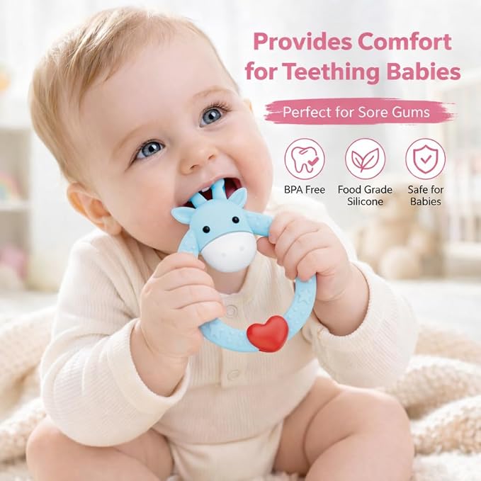 SHARE&CARE BPA Free Silicone Giraffe Baby Teether Toy with Storage Case, for 3 Months Above Infant Sore Gums Pain Relief and Baby Shower, Baby Teething Toys (Blue)