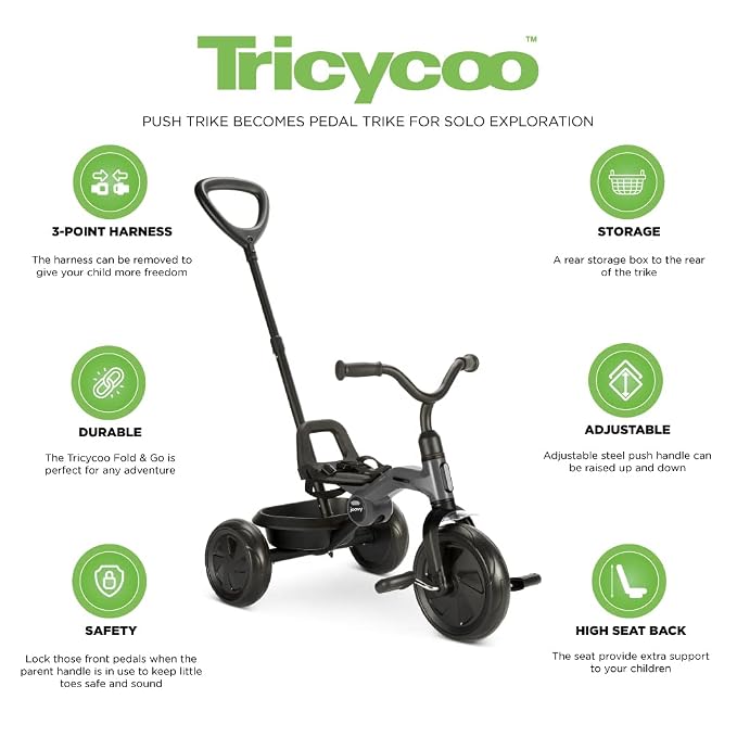 Joovy Tricycoo Fold & Go Toddler Tricycle Featuring Removable, Adjustable Push Handle, Lockable Front Pedals, Height-Adjustable Seat, 3-Point Safety Harness, and Rear Storage Box (Forged Iron), Large