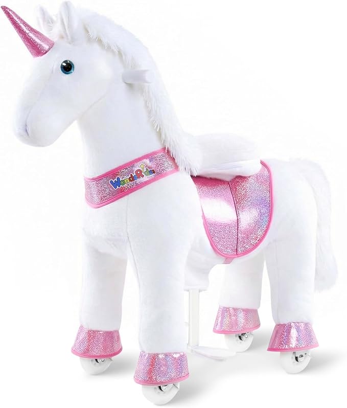 WondeRides Ride on Unicorn Horse Rider Pony Cycle Toy, 30.1 Inch Height Riding Pony White Unicorn Toy Plush Rocking Mechanical Walking Animal with Wheels No Battery Size 3 for Kids 3-5 Years M332-1