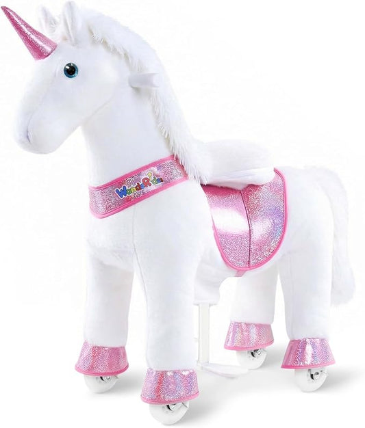 WondeRides Ride on Unicorn Horse Rider Pony Cycle Toy, 30.1 Inch Height Riding Pony White Unicorn Toy Plush Rocking Mechanical Walking Animal with Wheels No Battery Size 3 for Kids 3-5 Years M332-1