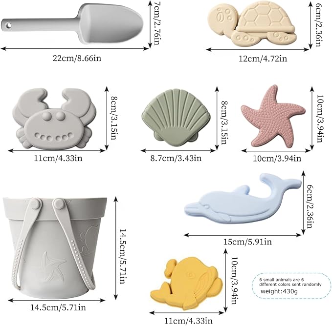 Sand Toys for Kids 8PCS Safe Silicone Beach Toys Grey - with Shovel, Bucket and Sand Molds, Waterproof for Travel Summer