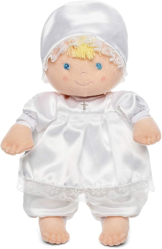 Genius Baby Toys Baptism Gift Baby Doll, Christening Doll in White Satin Dress, 12", Soft Plush, Gift-Ready Packaging, Catholic Baby Toy, Nontoxic, Baby Girls & Boys