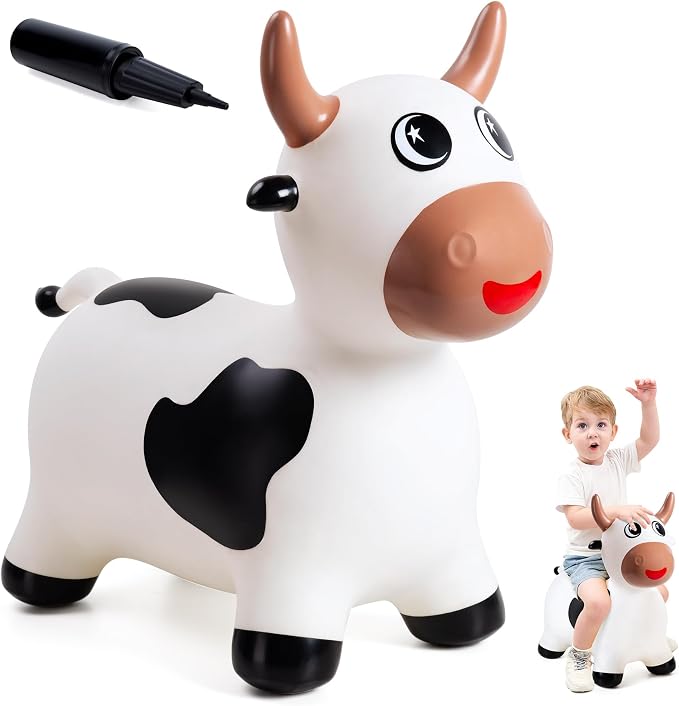 Bouncy Cow Hopper Horse for Toddlers, Bouncy Animals Hopping Toys Jumping Horse, Ride on Toys Indoor Outdoor Inflatable Birthday Gifts for Girls Boys 18 Months 2 3 4 5 6 Year Old