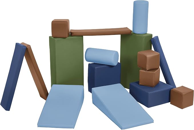 ECR4Kids SoftZone Builder Stacking Blocks and Shapes, Beginner Playset, Earthtone, 16-Piece