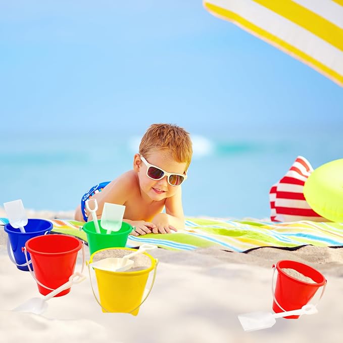 The Dreidel Company Beach Day Playsets, (Pack of 3) 5.25" Sand Bucket Play Set Box Includes, Pail & Shovel Sand Toy for Boys and Girls Birthday Party Favor