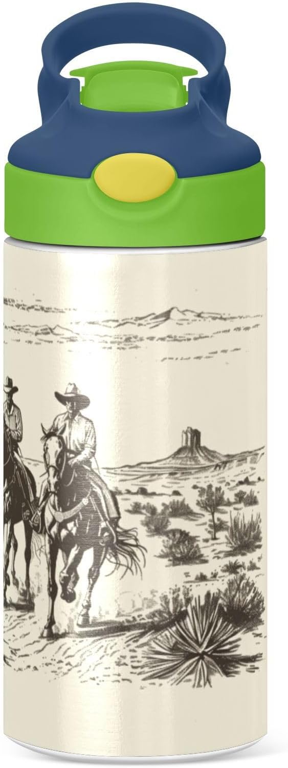 Boccsty Horse Cowboys Kids Water Bottle with Straw Lid American Wild West Desert Insulated Stainless Steel Reusable Tumbler for Boys Girls Toddlers 12 oz Green