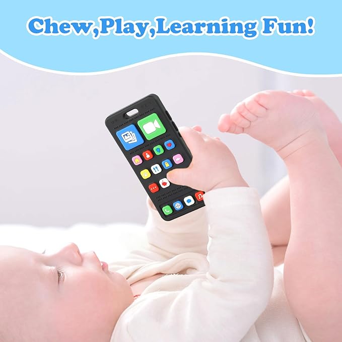 Baby Silicone Teething Toys, Phone Teether Toys for Infants 3-24 Months, Boys Girls Babies Teething Toy, Baby Chew Toy, Freezer BPA Free, 2Pack