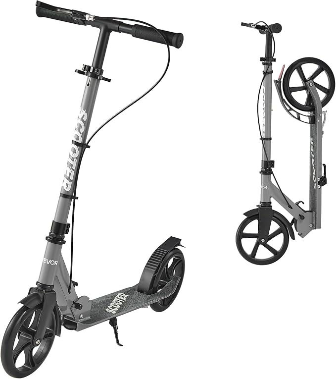 VEVOR Kick Scooter for Kids Ages 8+, Teens & Adults, 2-Wheel Toddler Scooter with Adjustable Height Handlebar, Wide Anti-Slip Deck, Foldable Lightweight Frame for Boys & Girls up to 220 lbs, Gray