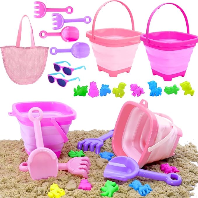 Beach Sand Molds Toys for 2-4 Years Old Girls Kids|Collapsible Sand Bucket Sandbox Toys|Pink Shovels|Sunglasses&Mesh for 3-5 Years Old Toddlers|Travel Sand Toys for Beach Camping